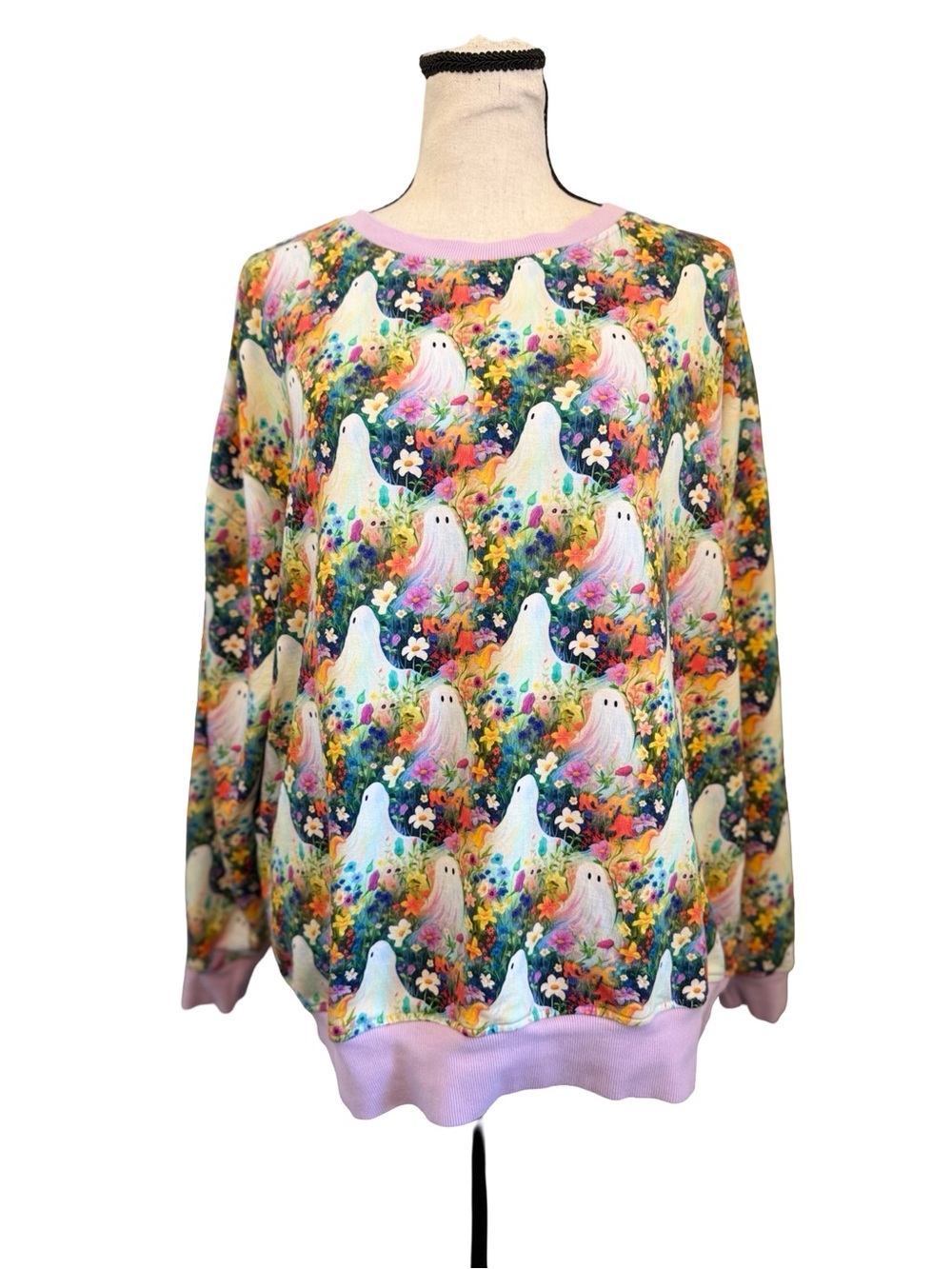 Bums & Roses Ghost Floral Sweatshirt Large Pastel Halloween Pullover Cozy Cute